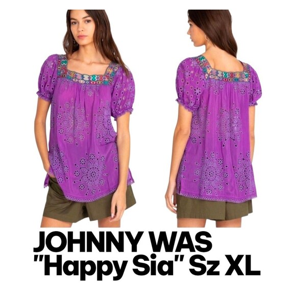 JOHNNY WAS HAPPY SIA Sz XL Purple Embroidered Square Neck Eyelet S/S Blouse Boho - Picture 1 of 12